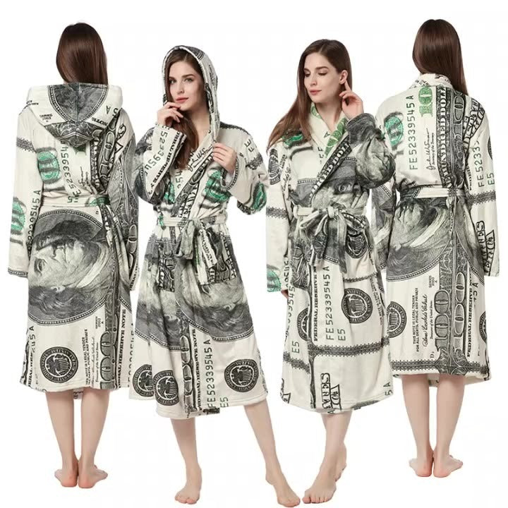 New US Dollar Printed Nightgown Couple Hooded Nightgown Flannel Bathrobe Personality Nightgown