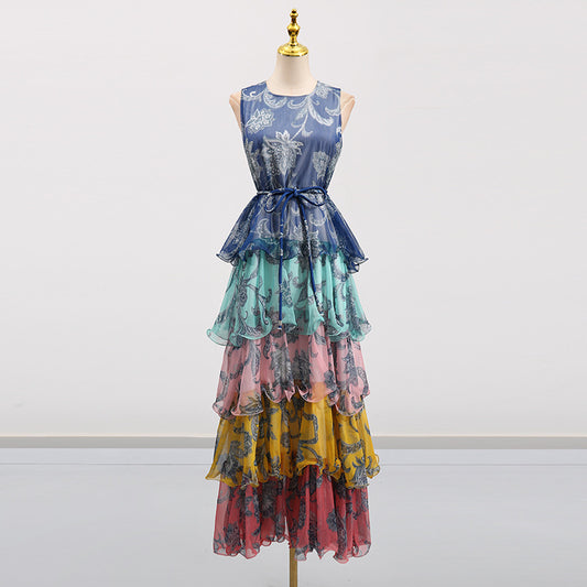 Bohemian Retro Style Halter Sleeveless Design Ruffle Hem Long Dress for Women