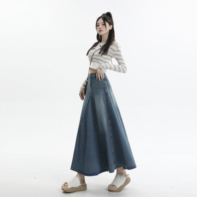 Women's Dress Washed Spliced A-Line Midi Slim Fit Versatile Denim Skirt
