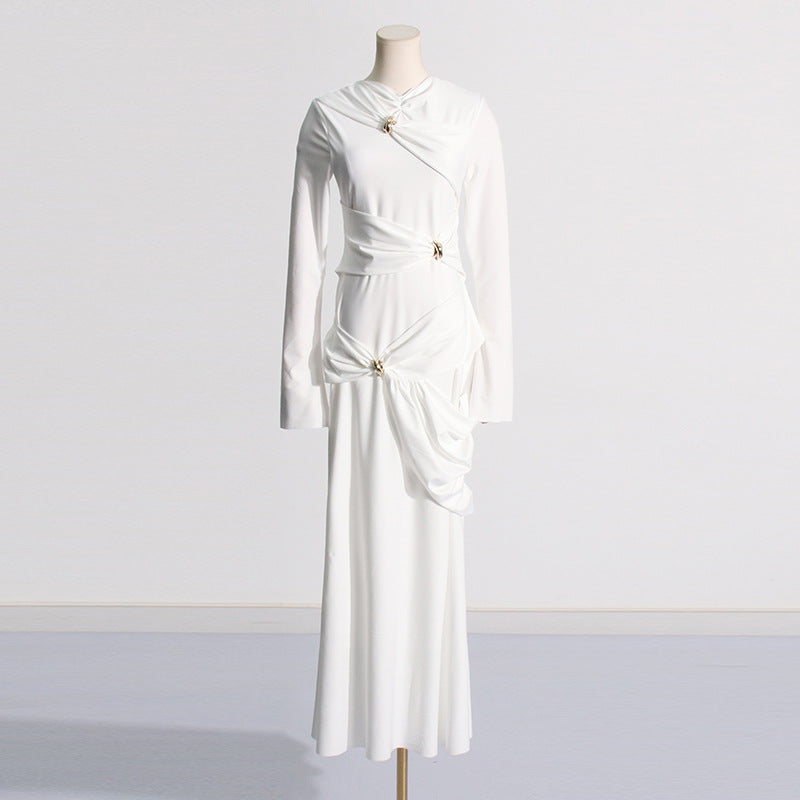 Style Long Dress Fashion Pleated Design Round Neck Pullover Long Dress Women Summer