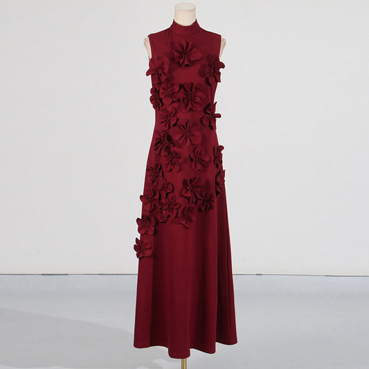 French Floral Patchwork Dress Elegant Holiday Style Stand Collar Sleeveless 3D Long Dress