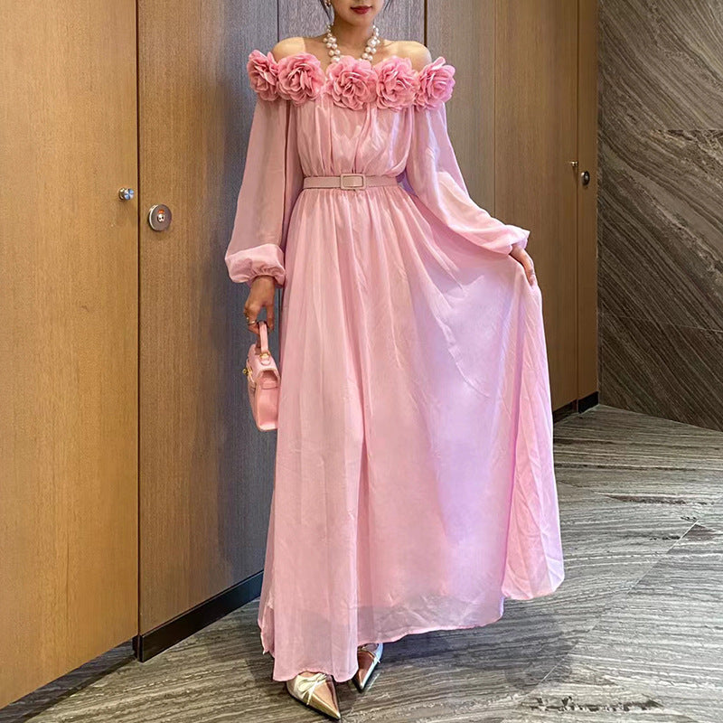 French Sexy Elegant Three-Dimensional Flower One-Shoulder Lantern Sleeve Solid Color Women's Long Dress