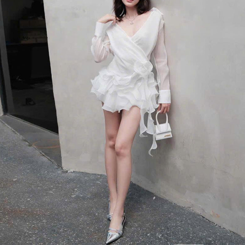 French Style Sexy Light Mature Wind Shirt Dress V-neck Splicing Flower Ruffle Ribbon Dress