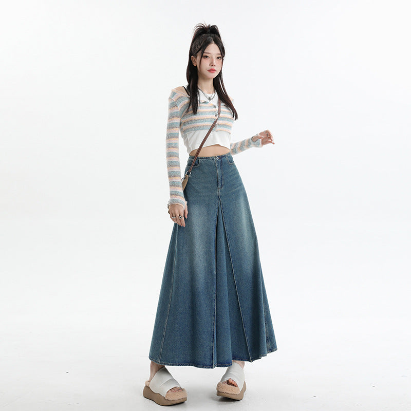Women's Dress  Washed Spliced A-Line Midi Slim Fit Versatile Denim Skirt