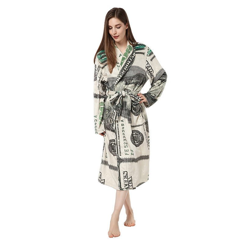 New US Dollar Printed Nightgown Couple Hooded Nightgown Flannel Bathrobe Personality Nightgown