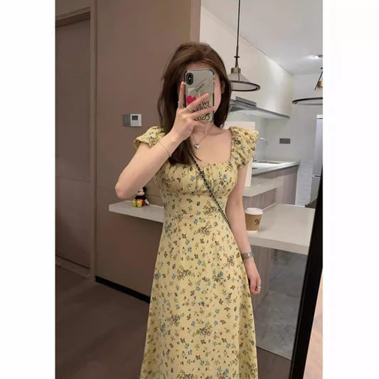 Yellow Floral Slimming High-Waist French Square Neck Flutter Sleeve Elegant Gentle Floral Print Long Dress