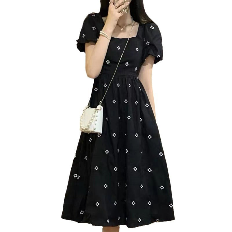 Sweetheart Square Neck Black Floral Dress Women's Summer High-Grade Waist-Cinching Slimming Long Dress