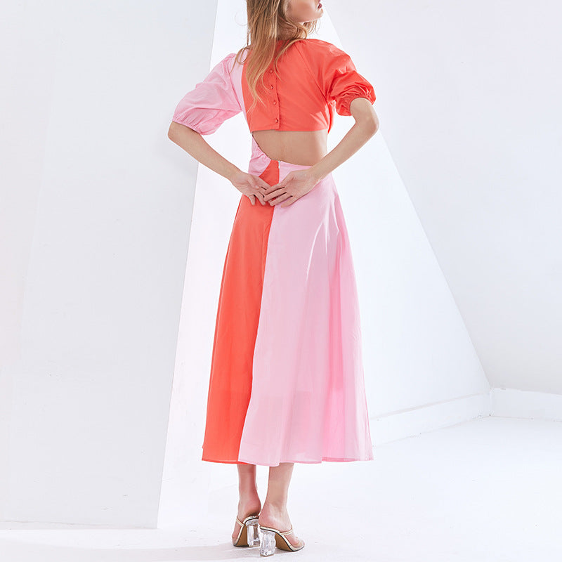 Fashionable Style Summer New Arrival Fashionable Temperament Sexy Waist-Exposed Color-Blocking Short-Sleeved Midi Dress