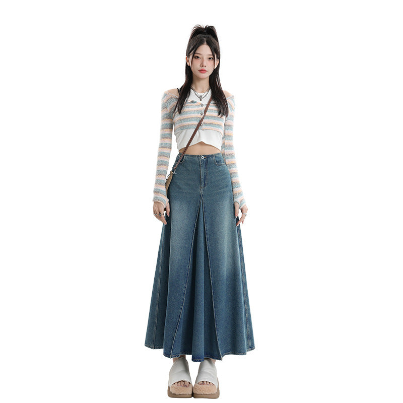 Women's Dress  Washed Spliced A-Line Midi Slim Fit Versatile Denim Skirt