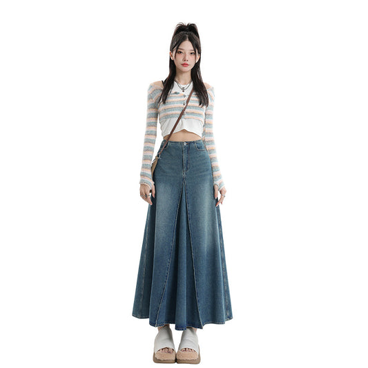 Women's Dress  Washed Spliced A-Line Midi Slim Fit Versatile Denim Skirt