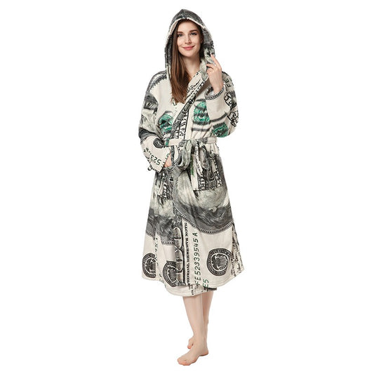 New US Dollar Printed Nightgown Couple Hooded Nightgown Flannel Bathrobe Personality Nightgown