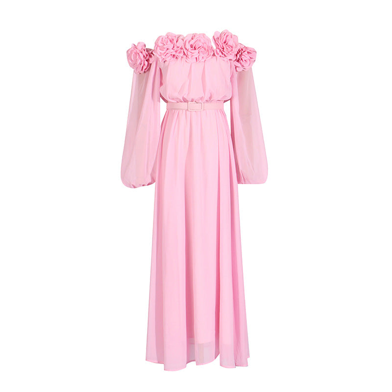 French Sexy Elegant Three-Dimensional Flower One-Shoulder Lantern Sleeve Solid Color Women's Long Dress