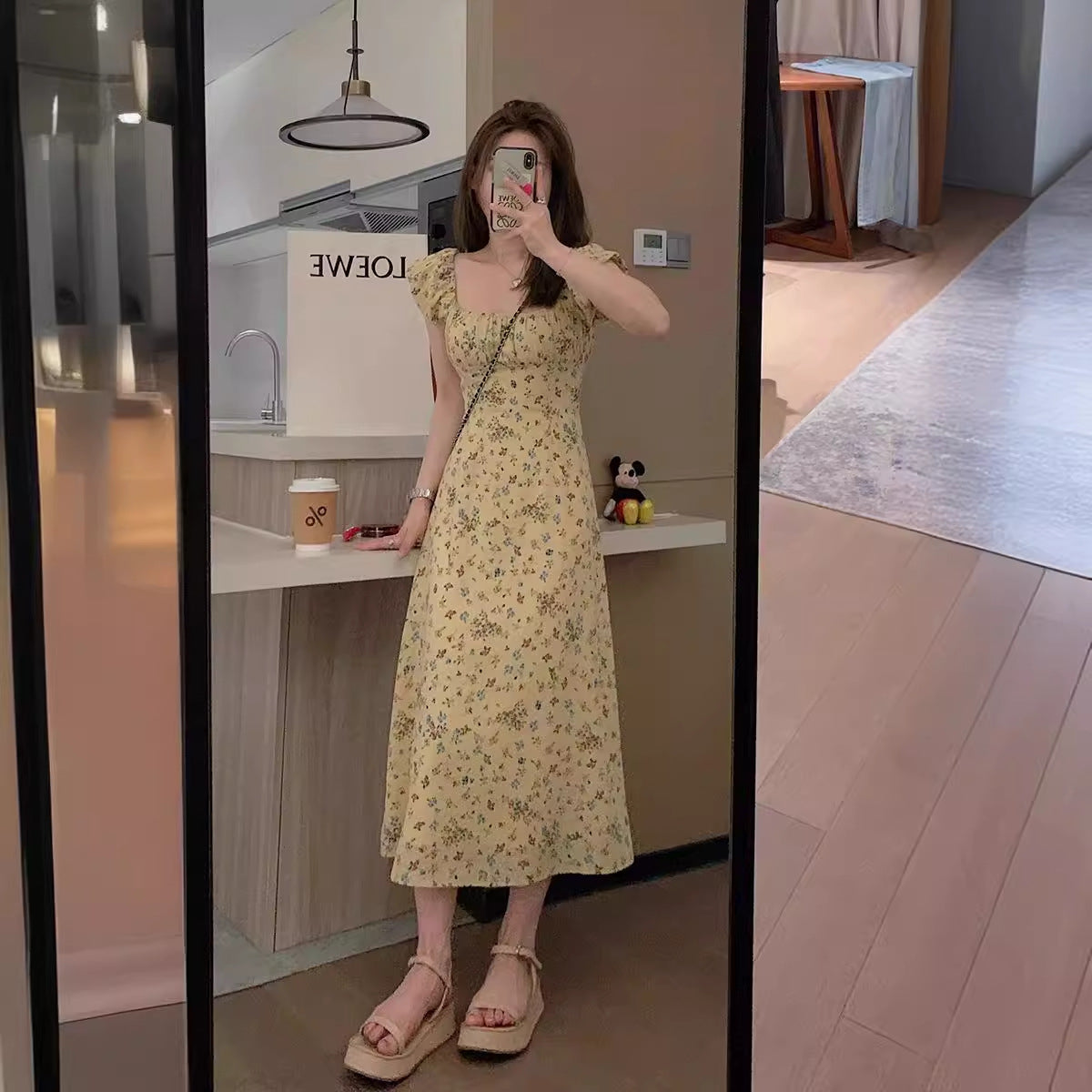 Yellow Floral Slimming High-Waist French Square Neck Flutter Sleeve Elegant Gentle Floral Print Long Dress