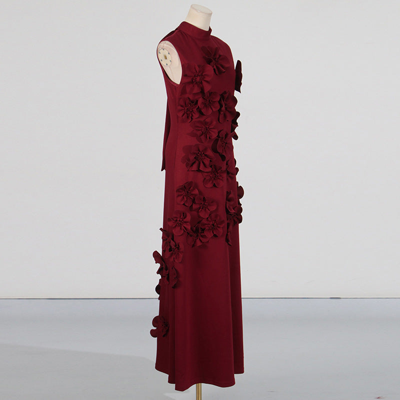 French Floral Patchwork Dress Elegant Holiday Style Stand Collar Sleeveless 3D Long Dress