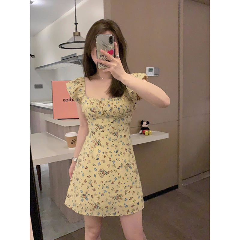 Yellow Floral Slimming High-Waist French Square Neck Flutter Sleeve Elegant Gentle Floral Print Long Dress