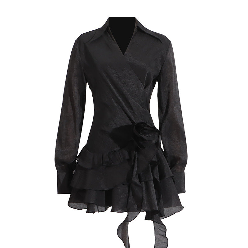 French Style Sexy Light Mature Wind Shirt Dress V-neck Splicing Flower Ruffle Ribbon Dress