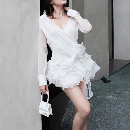 French Style Sexy Light Mature Wind Shirt Dress V-neck Splicing Flower Ruffle Ribbon Dress