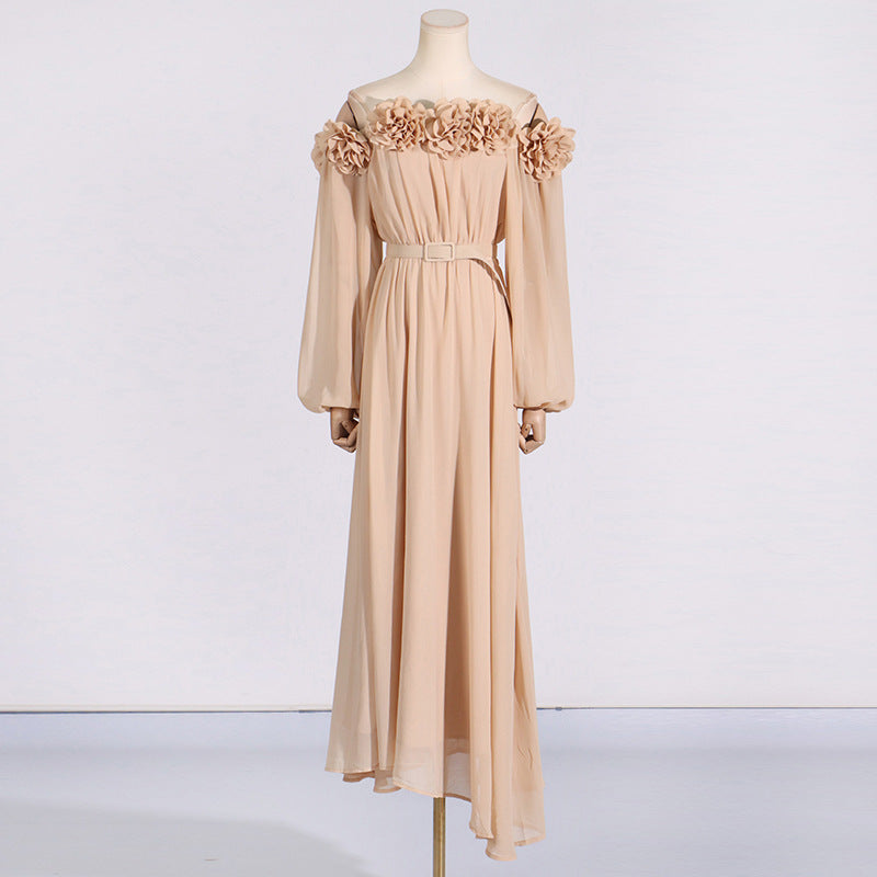 French Sexy Elegant Three-Dimensional Flower One-Shoulder Lantern Sleeve Solid Color Women's Long Dress