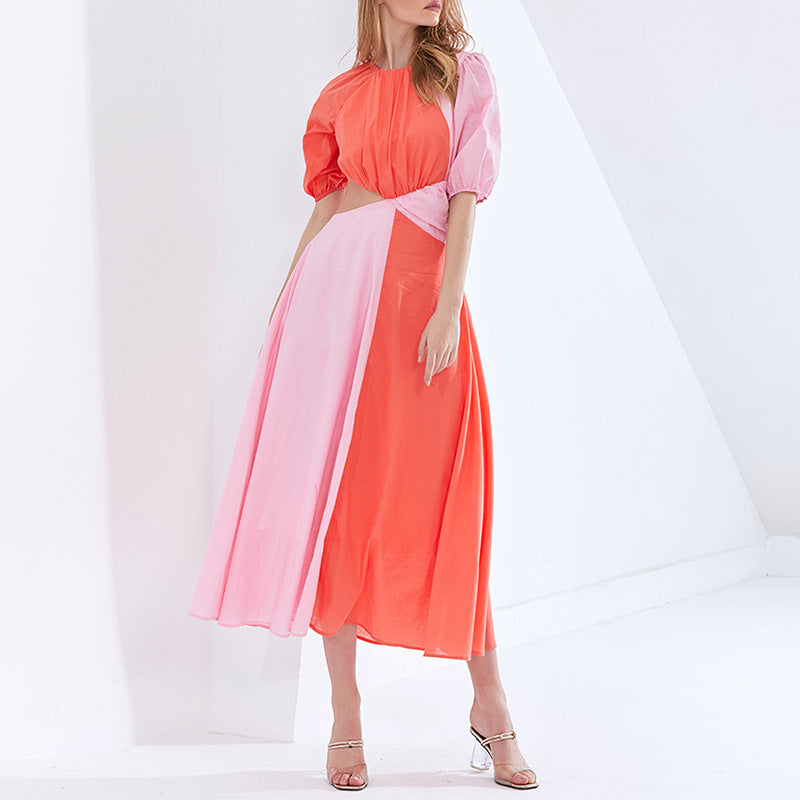 Fashionable Style Summer New Arrival Fashionable Temperament Sexy Waist-Exposed Color-Blocking Short-Sleeved Midi Dress