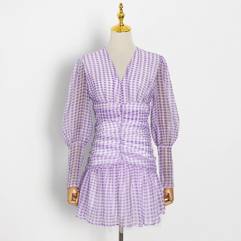 Fashionable V-neck Bubble Sleeve Design Waist-tightening Polka Dot Print Ruffle Hem Dress