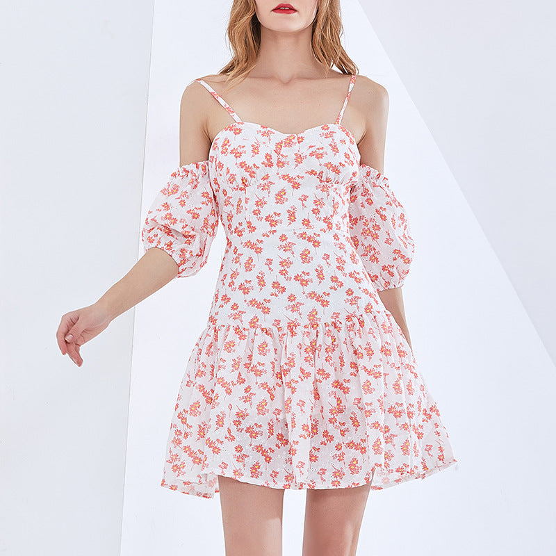 Fashionable Women's Sexy Off-Shoulder Printed Mini Dress with Delicate Strap Print A-Line Dress