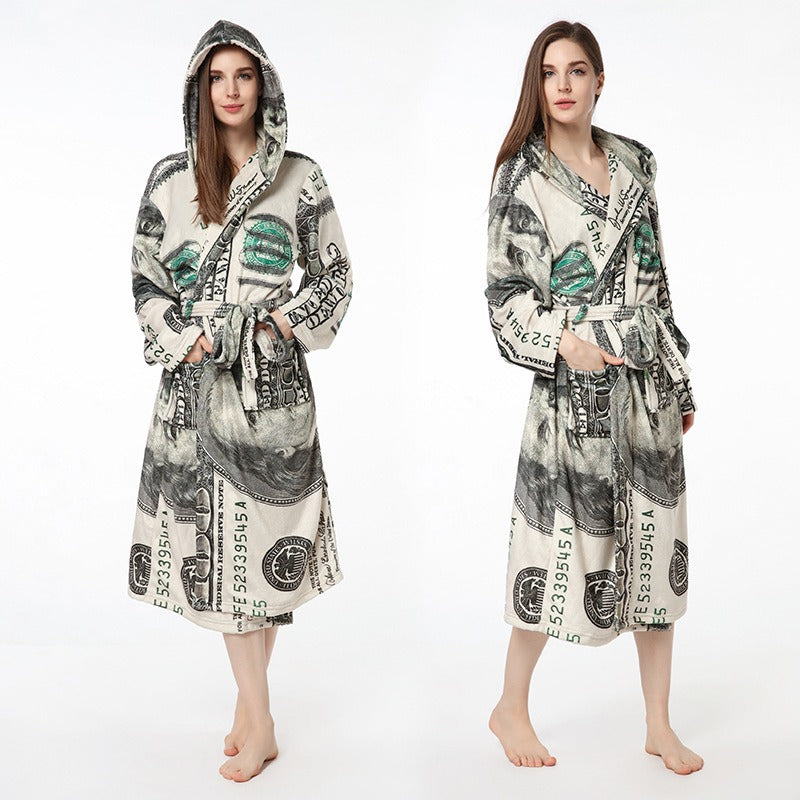 New US Dollar Printed Nightgown Couple Hooded Nightgown Flannel Bathrobe Personality Nightgown
