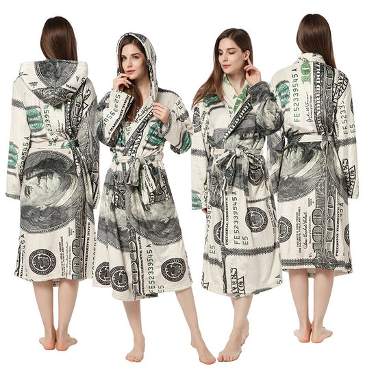 New US Dollar Printed Nightgown Couple Hooded Nightgown Flannel Bathrobe Personality Nightgown