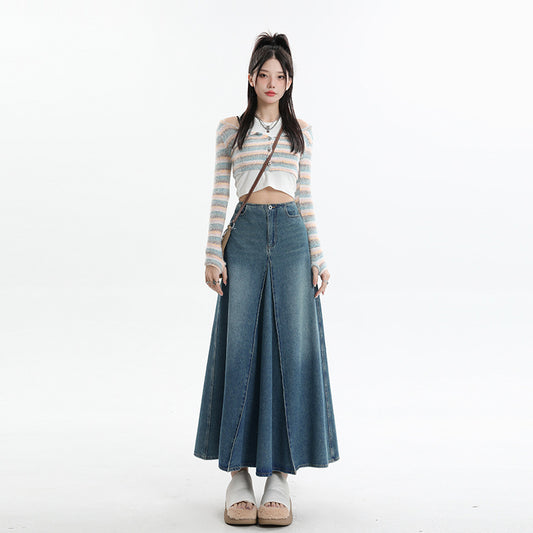 Women's Dress  Washed Spliced A-Line Midi Slim Fit Versatile Denim Skirt
