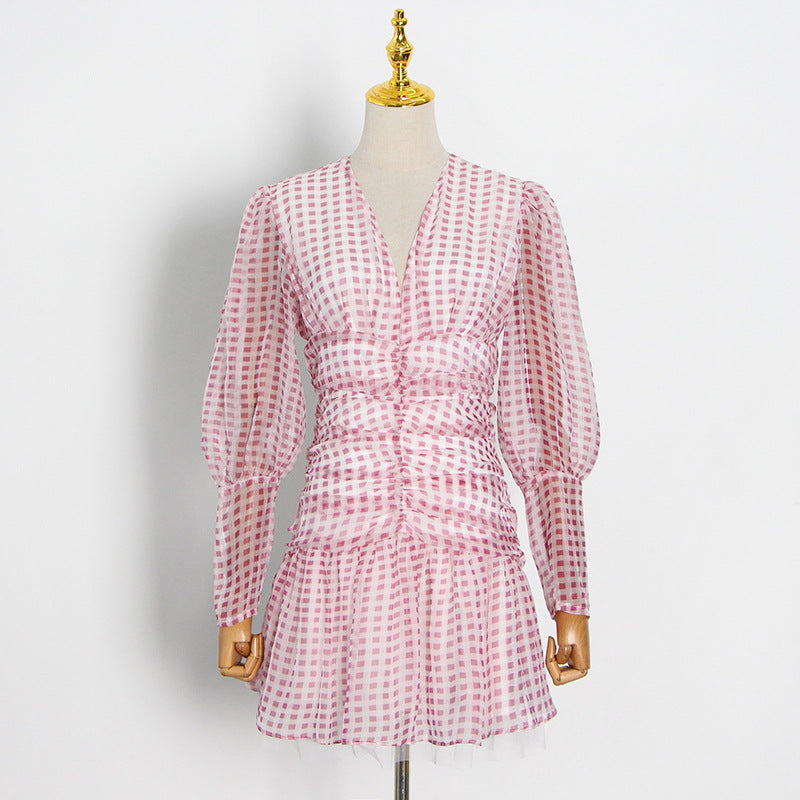 Fashionable V-neck Bubble Sleeve Design Waist-tightening Polka Dot Print Ruffle Hem Dress