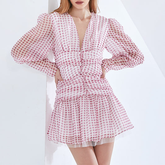 Fashionable V-neck Bubble Sleeve Design Waist-tightening Polka Dot Print Ruffle Hem Dress