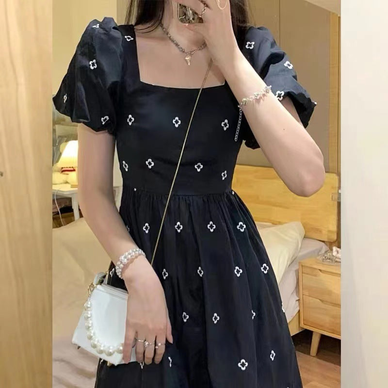 Sweetheart Square Neck Black Floral Dress Women's Summer High-Grade Waist-Cinching Slimming Long Dress