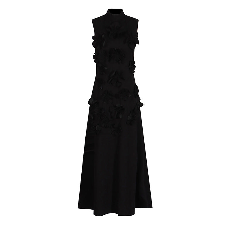 French Floral Patchwork Dress Elegant Holiday Style Stand Collar Sleeveless 3D Long Dress