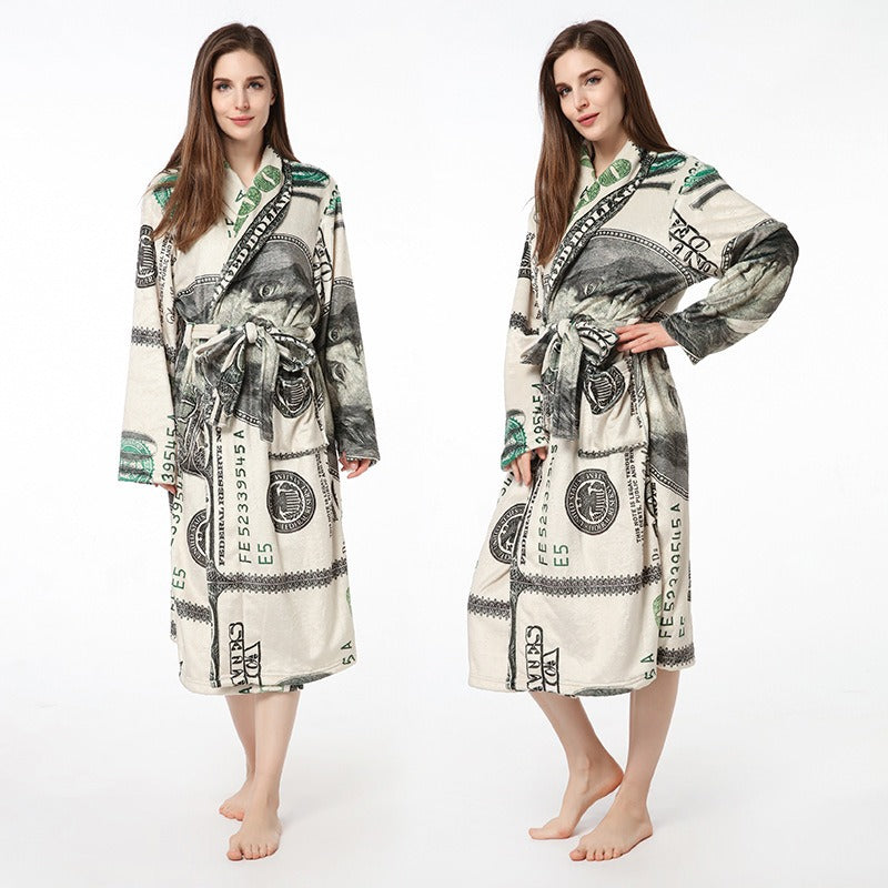 New US Dollar Printed Nightgown Couple Hooded Nightgown Flannel Bathrobe Personality Nightgown