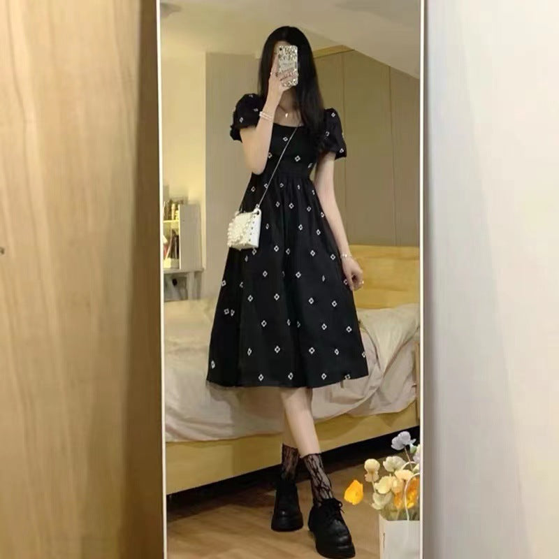 Sweetheart Square Neck Black Floral Dress Women's Summer High-Grade Waist-Cinching Slimming Long Dress