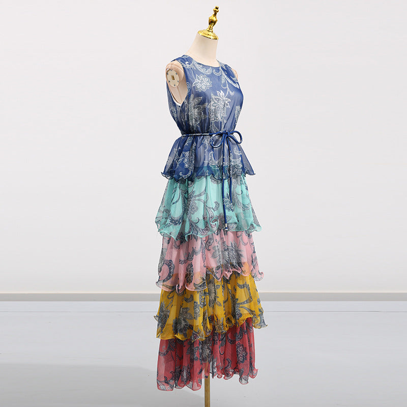 Bohemian Retro Style Halter Sleeveless Design Ruffle Hem Long Dress for Women