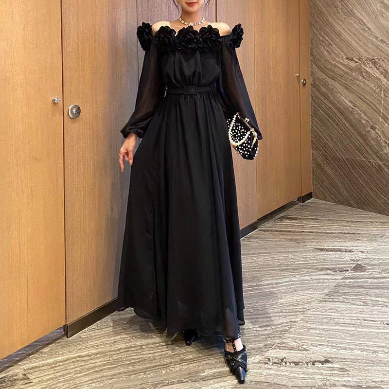 French Sexy Elegant Three-Dimensional Flower One-Shoulder Lantern Sleeve Solid Color Women's Long Dress