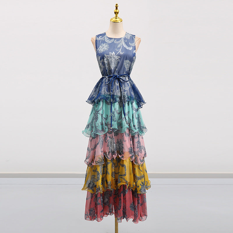 Bohemian Retro Style Halter Sleeveless Design Ruffle Hem Long Dress for Women