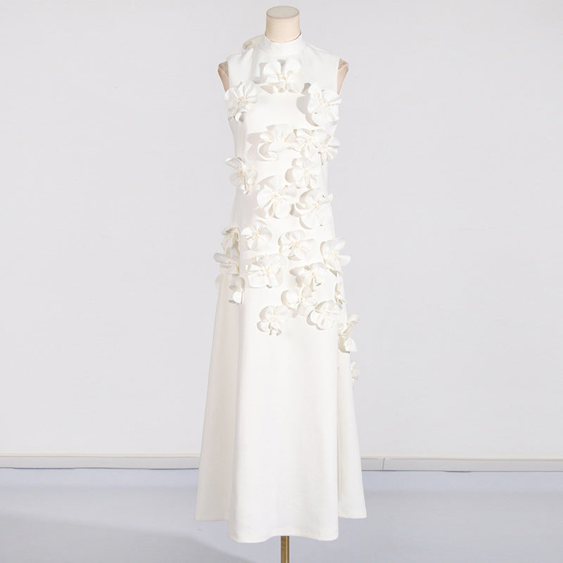 French Floral Patchwork Dress Elegant Holiday Style Stand Collar Sleeveless 3D Long Dress