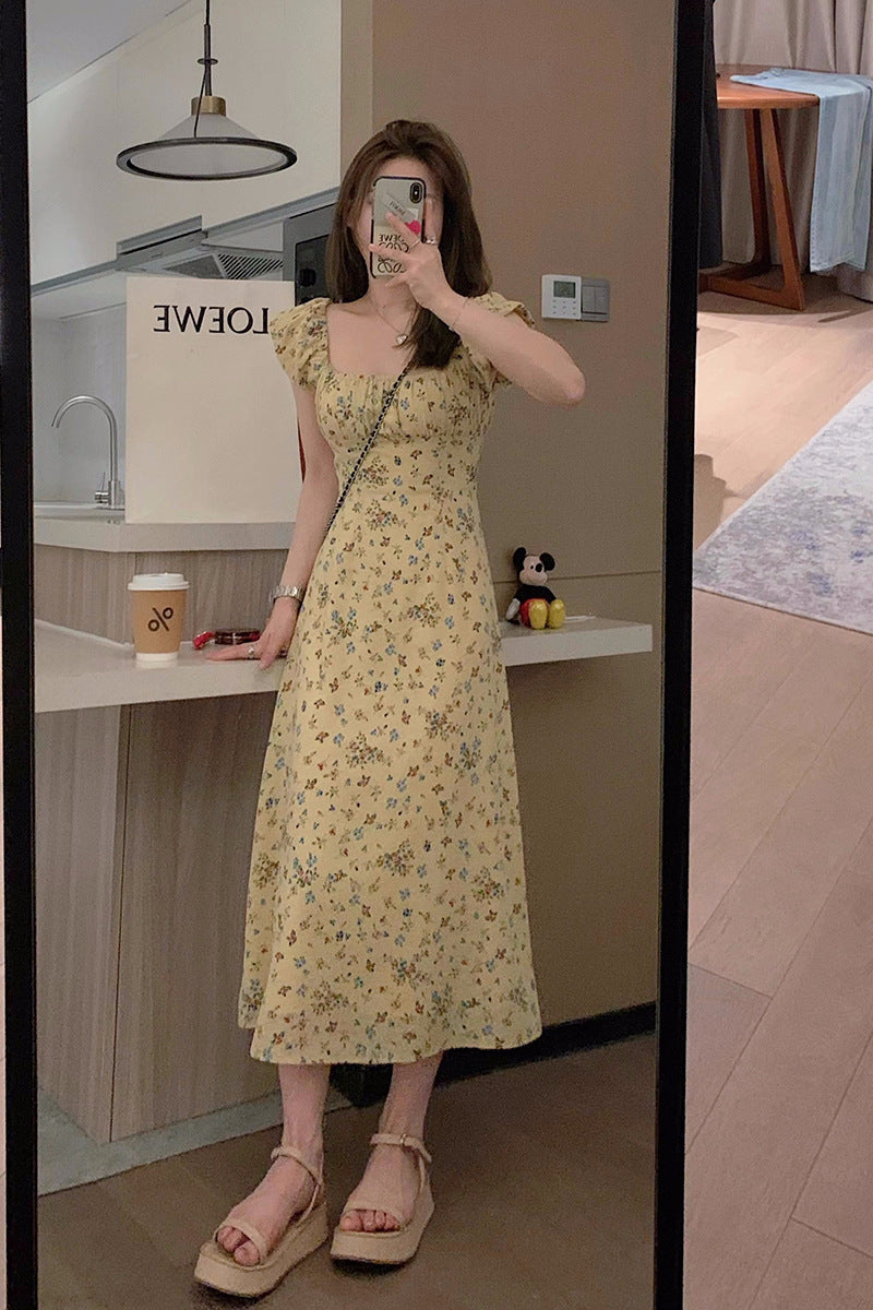 Yellow Floral Slimming High-Waist French Square Neck Flutter Sleeve Elegant Gentle Floral Print Long Dress