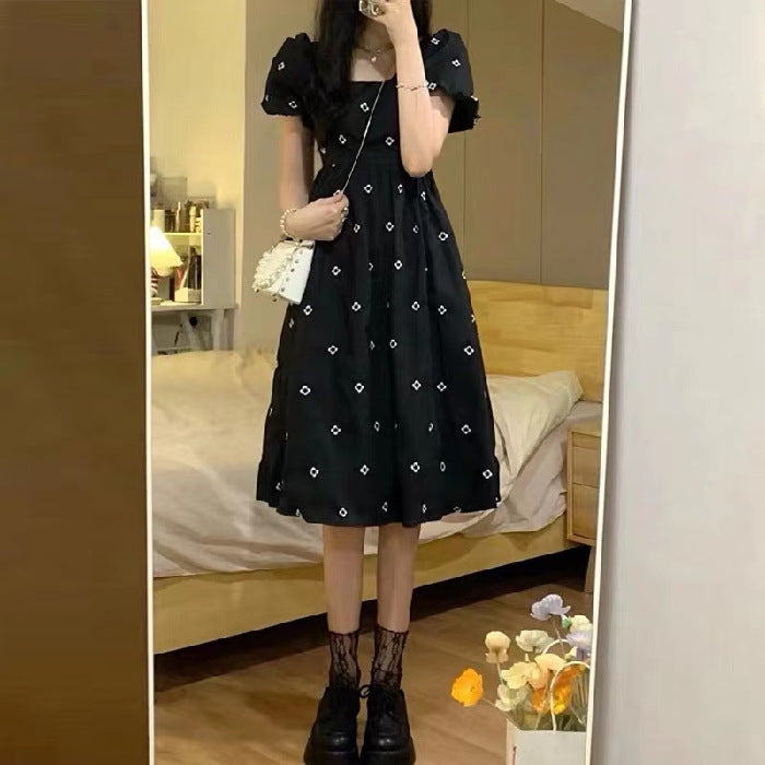 Sweetheart Square Neck Black Floral Dress Women's Summer High-Grade Waist-Cinching Slimming Long Dress