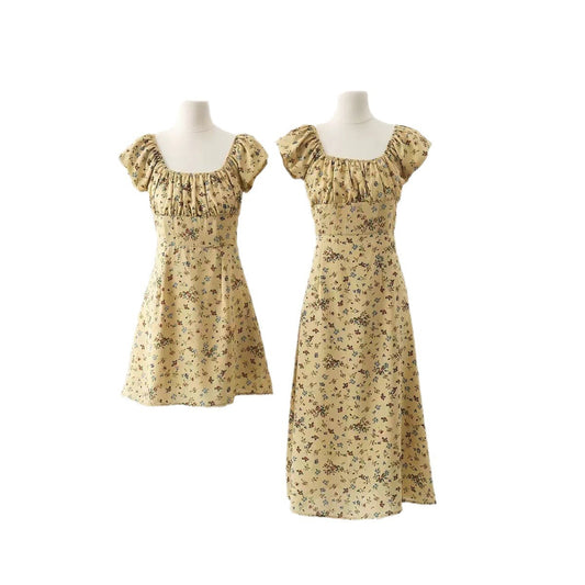 Yellow Floral Slimming High-Waist French Square Neck Flutter Sleeve Elegant Gentle Floral Print Long Dress