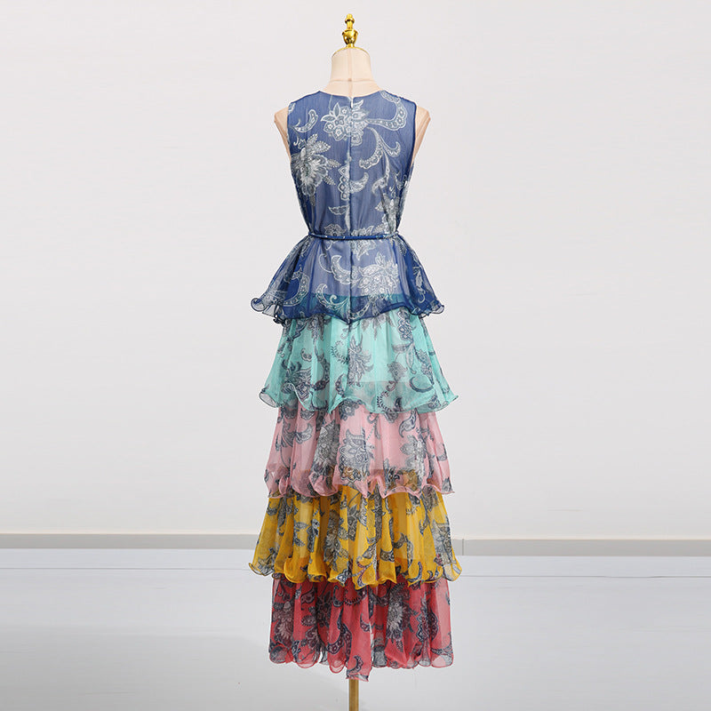 Bohemian Retro Style Halter Sleeveless Design Ruffle Hem Long Dress for Women