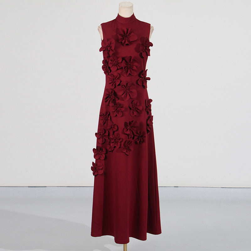 French Floral Patchwork Dress Elegant Holiday Style Stand Collar Sleeveless 3D Long Dress