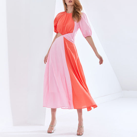 Fashionable Style Summer New Arrival Fashionable Temperament Sexy Waist-Exposed Color-Blocking Short-Sleeved Midi Dress