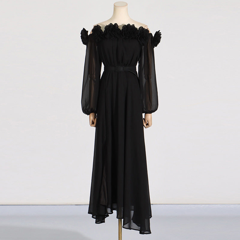 French Sexy Elegant Three-Dimensional Flower One-Shoulder Lantern Sleeve Solid Color Women's Long Dress