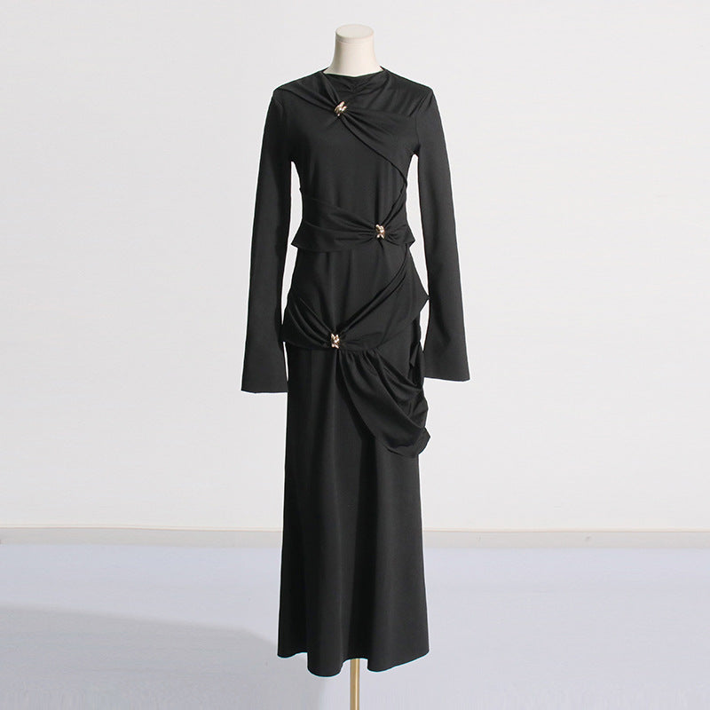 Style Long Dress Fashion Pleated Design Round Neck Pullover Long Dress Women Summer