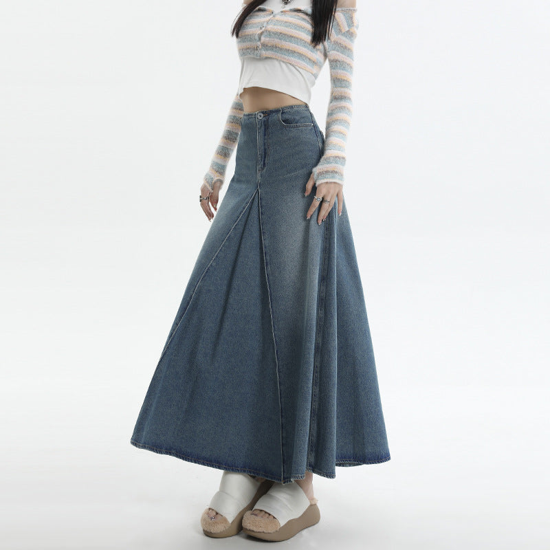 Women's Dress  Washed Spliced A-Line Midi Slim Fit Versatile Denim Skirt