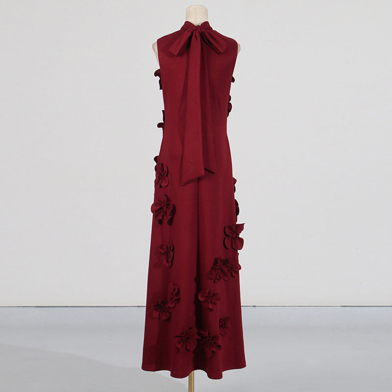 French Floral Patchwork Dress Elegant Holiday Style Stand Collar Sleeveless 3D Long Dress