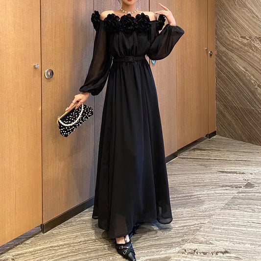 French Sexy Elegant Three-Dimensional Flower One-Shoulder Lantern Sleeve Solid Color Women's Long Dress