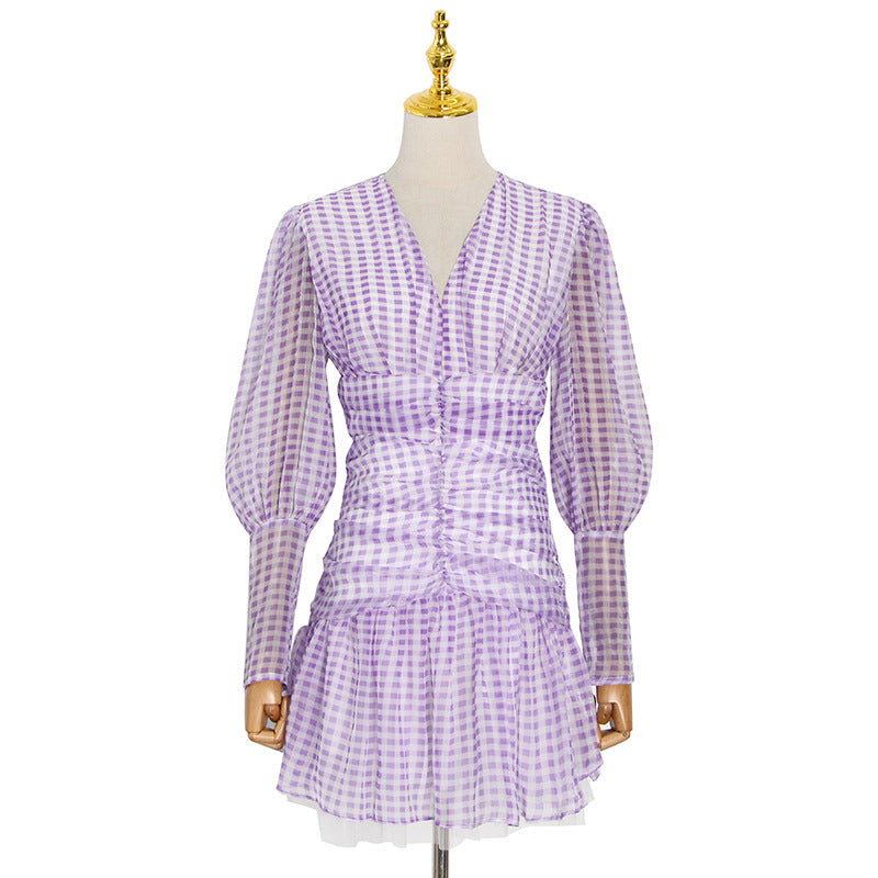 Fashionable V-neck Bubble Sleeve Design Waist-tightening Polka Dot Print Ruffle Hem Dress